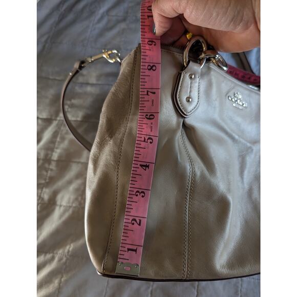 Coach Leather Satchel Taupe Greige Crossbody Bag Silver Hardware Zip Top Pockets - Picture 13 of 14